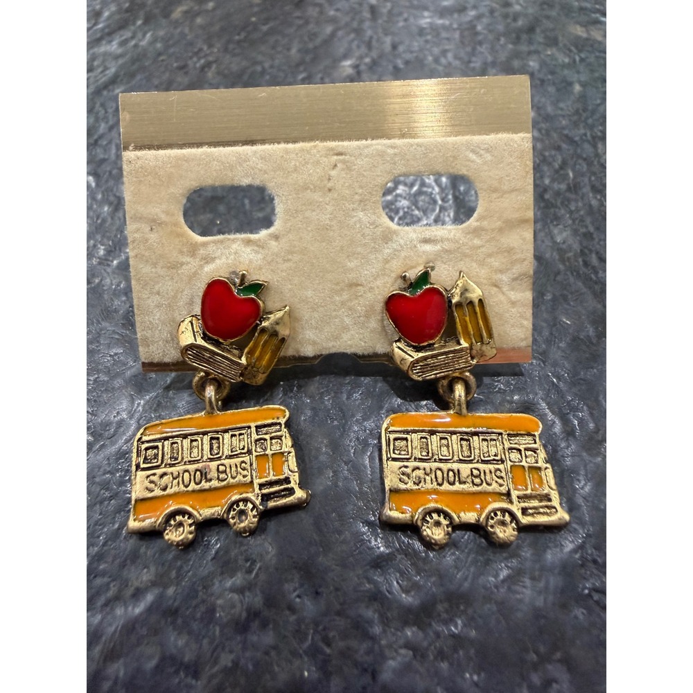 Vintage 1995 BG School Bus Apple Teacher Earrings Yellow Enamel Dangle Gold Tone